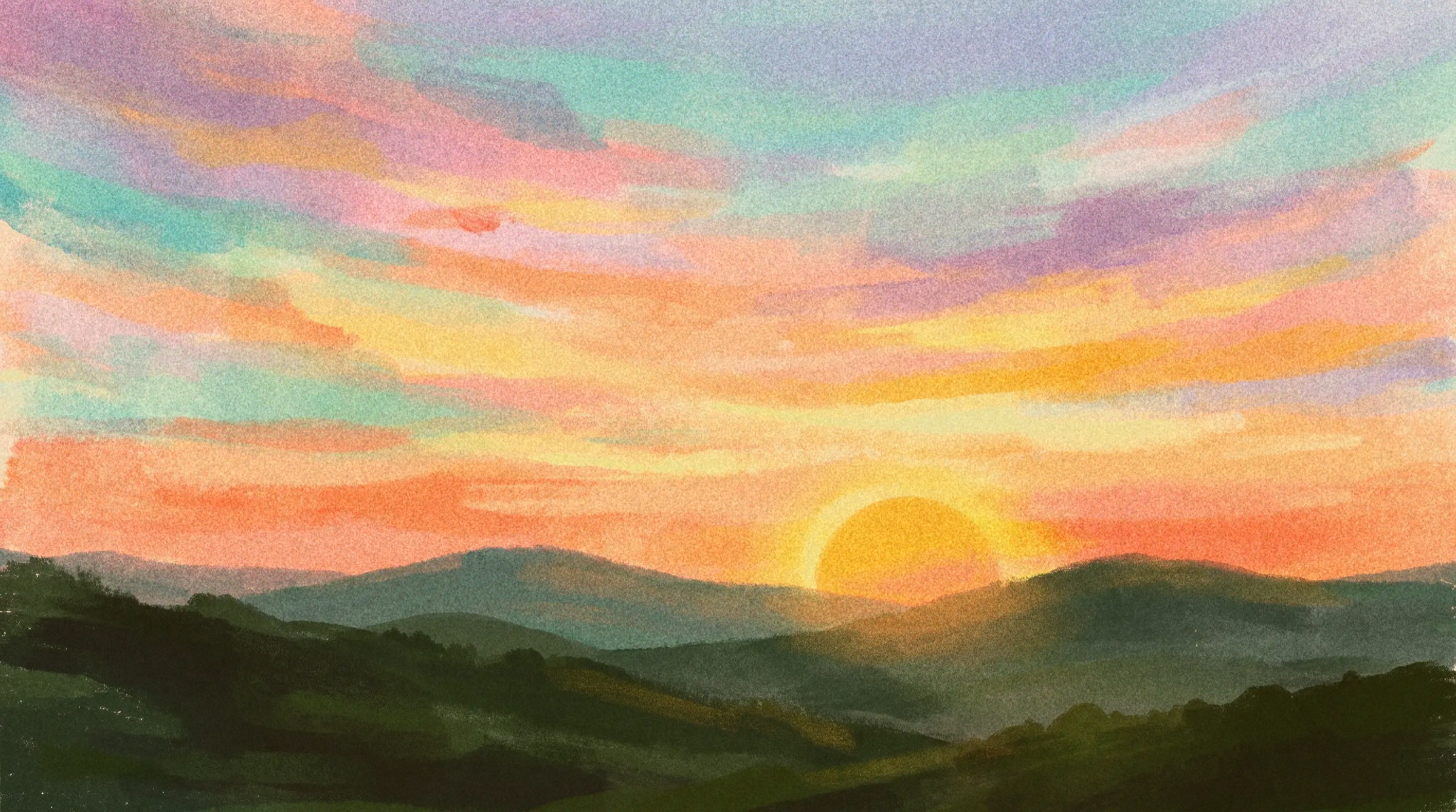 Watercolor painting of the sun rising over layered green hills under a sky streaked with pink, orange, violet, and teal clouds.