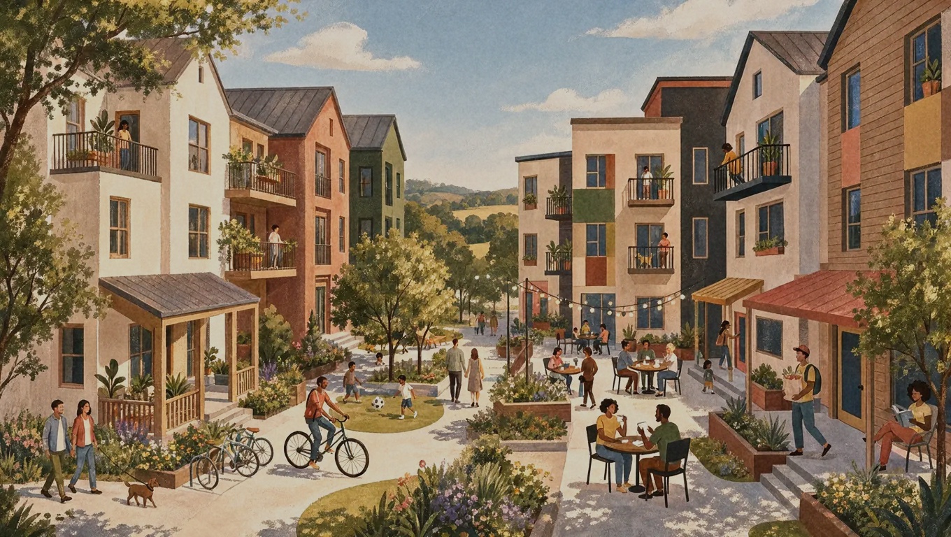 Illustrated rendering of a Generation Housing neighborhood: three- and four-story homes with balconies around a tree-lined courtyard, neighbors biking, walking a dog, playing soccer, and sharing coffee at outdoor tables.