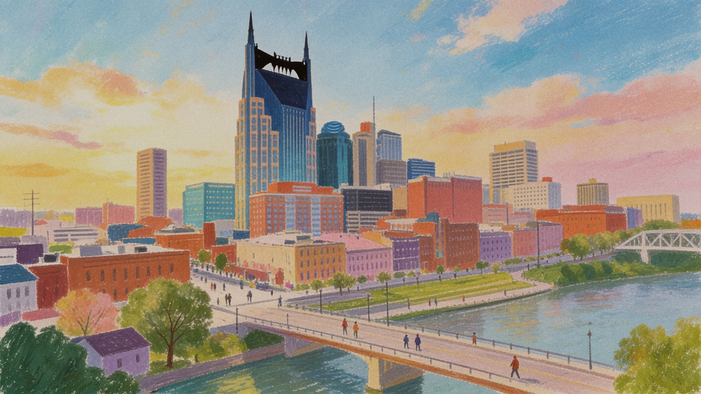 Illustrated rendering of the Nashville skyline at sunset, with the AT&T Building rising over colorful downtown blocks, a riverfront park, and people walking across a bridge over the Cumberland River.